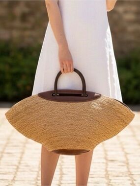 NWT Cult Gaia Wanda Tote Natural Straw Brown Leather Long Strap Beach Elegant